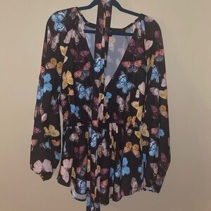 Multi Color Butterfly Long Sleeve Loose Fit Size 12 Plus Women with belt